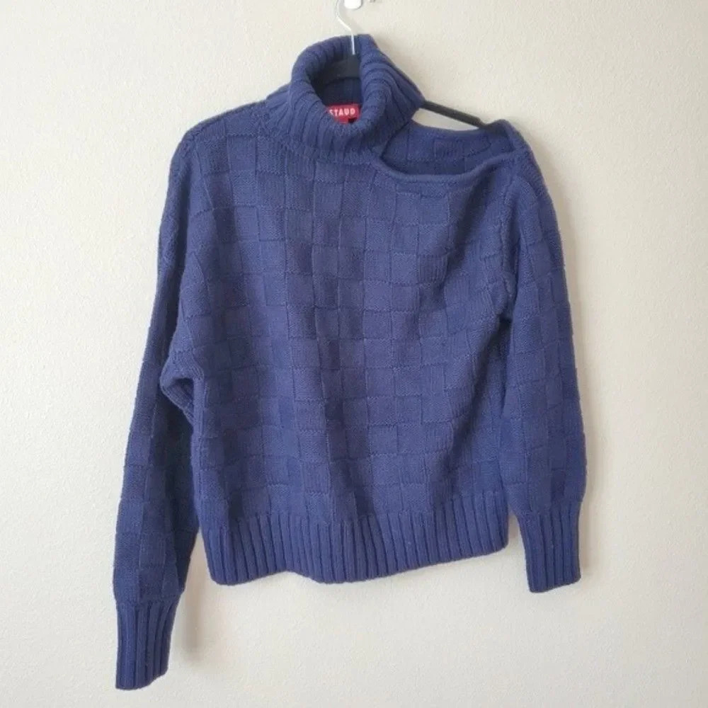 NEW STAUD Rocky Cut Out Navy Blue Basket Weave Turtleneck Sweater Size Small - Picture 5 of 8